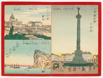 Luoghi famosi nel mondo - Città europee, 1887 (stampa a blocchi di legno a colori)